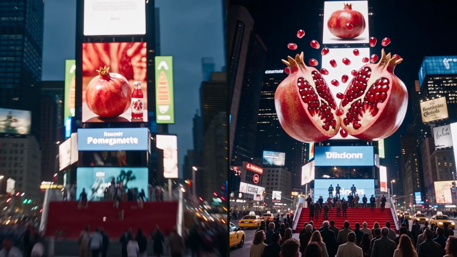 Two frames side by side: a Times Square billboard with a pomegranate juice bottle, and a Times Square billboard where a giant pomegranate bursts open