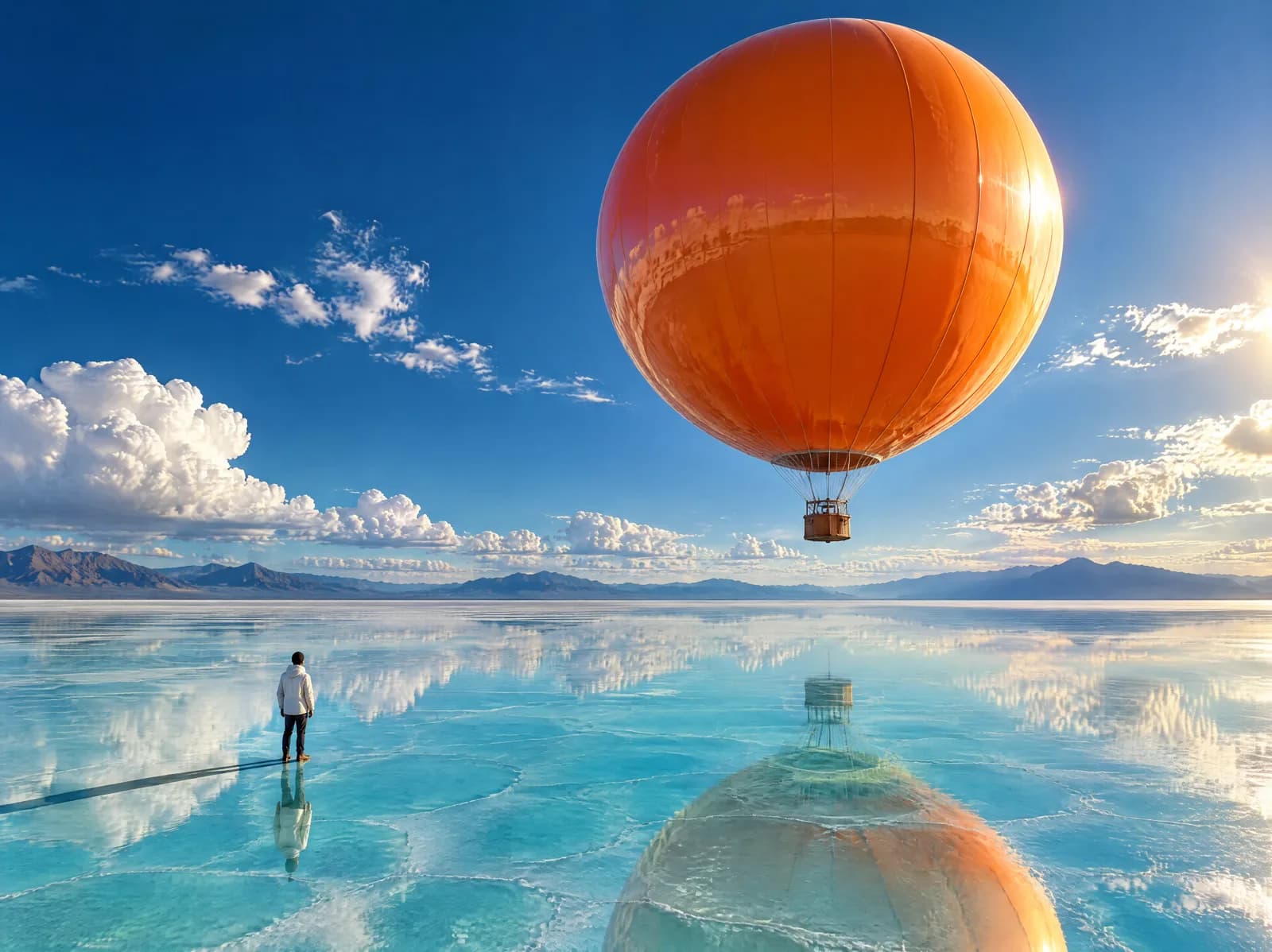 Concept frame of an orange balloon drifting over turquoise salt flats