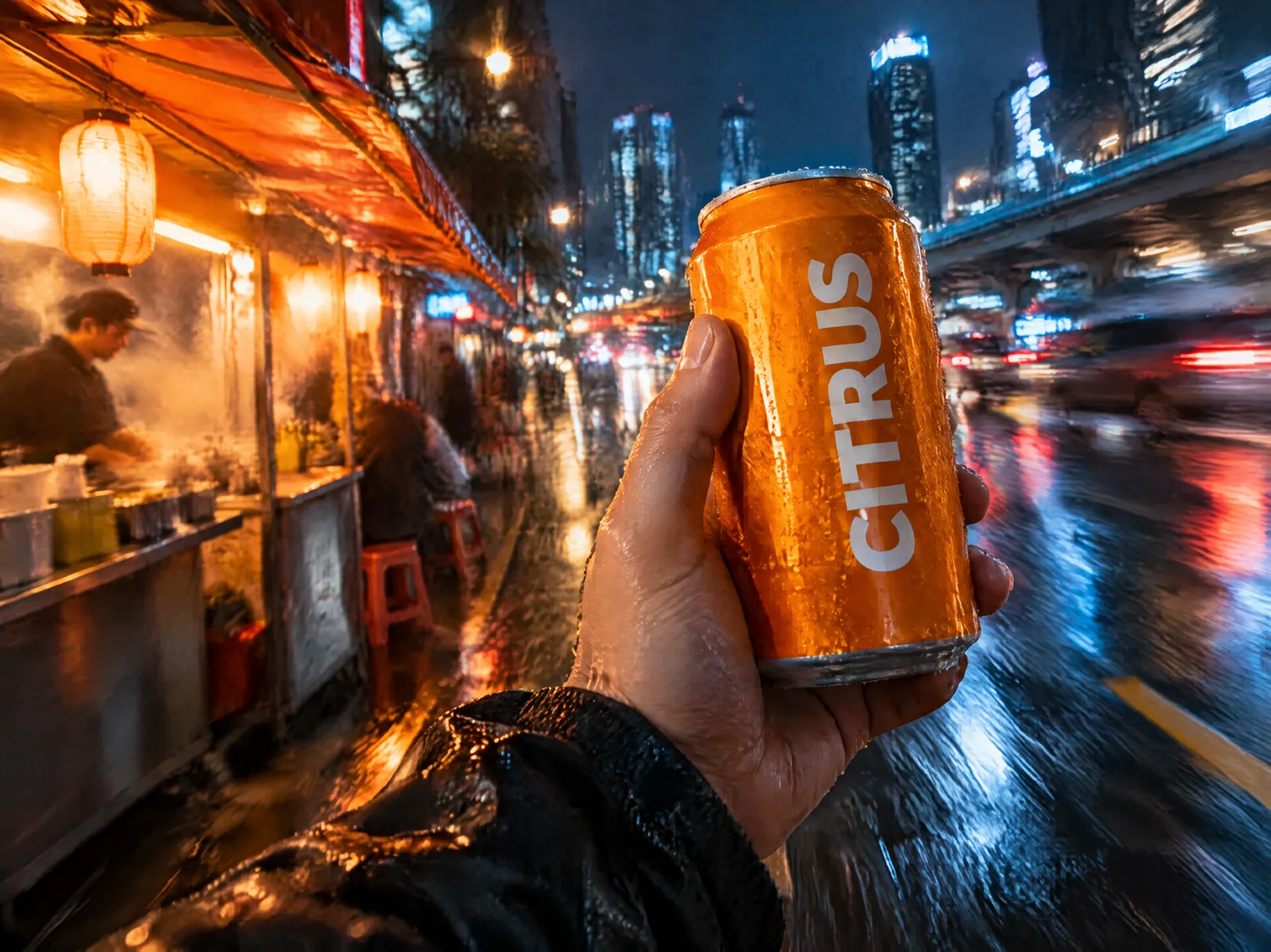 A hand lifting an orange can with a crisp label on a neon-lit street at night
