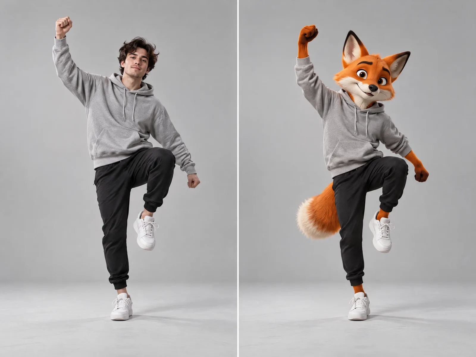 A man dancing next to a 3D fox character copying the same pose