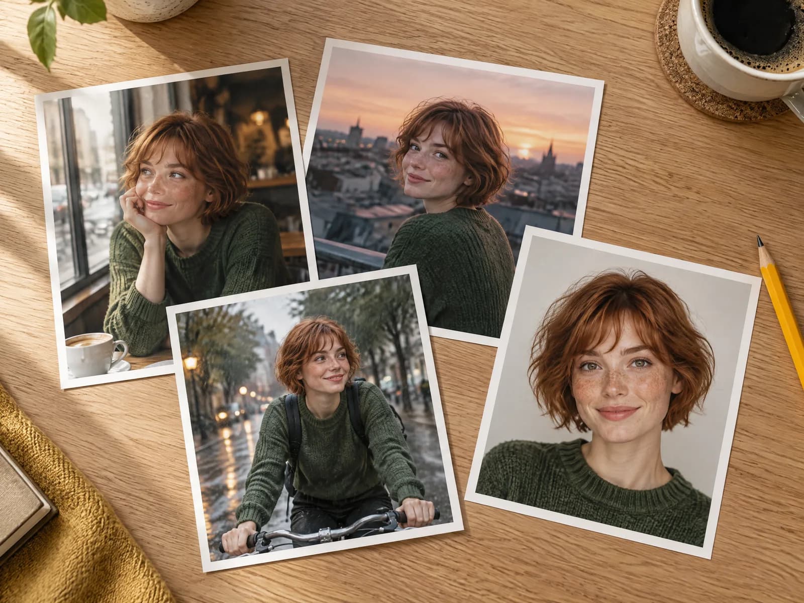 Four printed photos of the same red-haired woman in different places on a wooden table