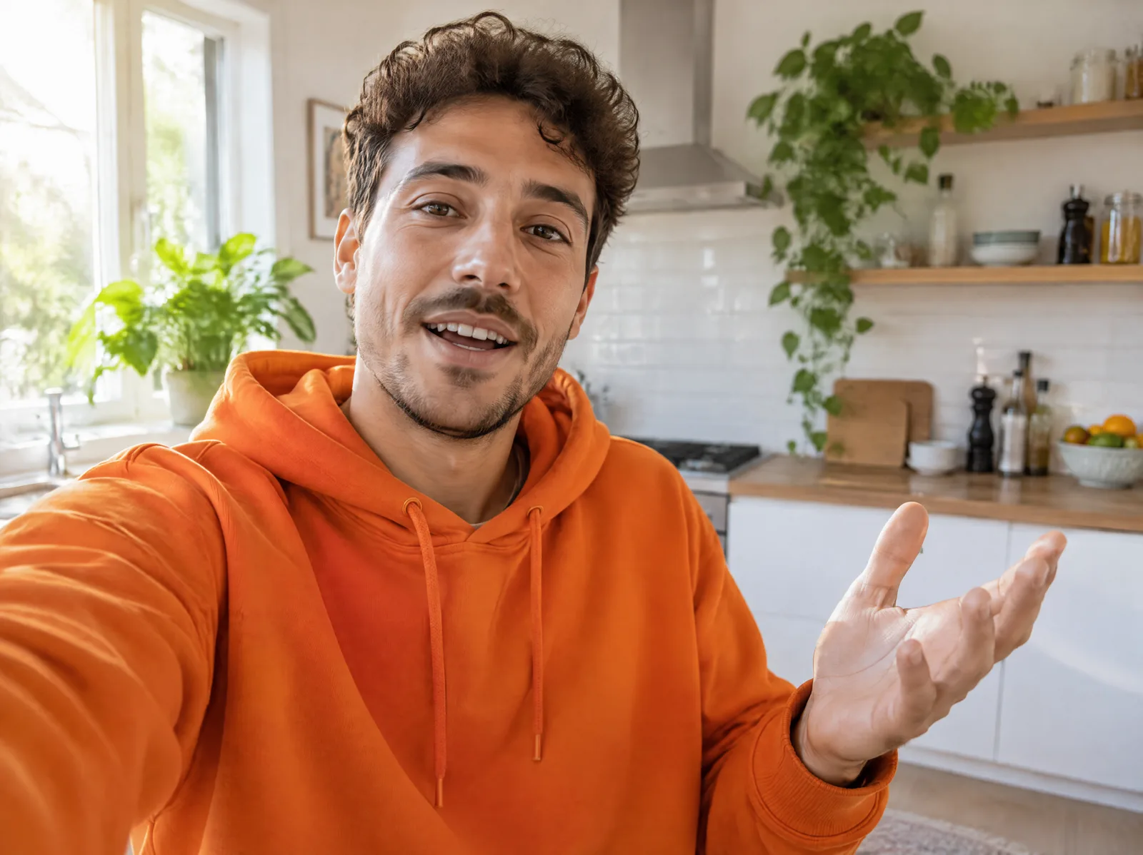 A creator in an orange hoodie talking to his phone camera in a bright kitchen
