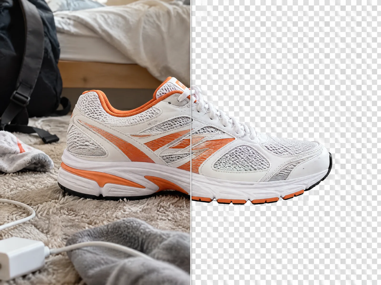 A running sneaker on a messy carpet on the left, cut out on a transparent background on the right