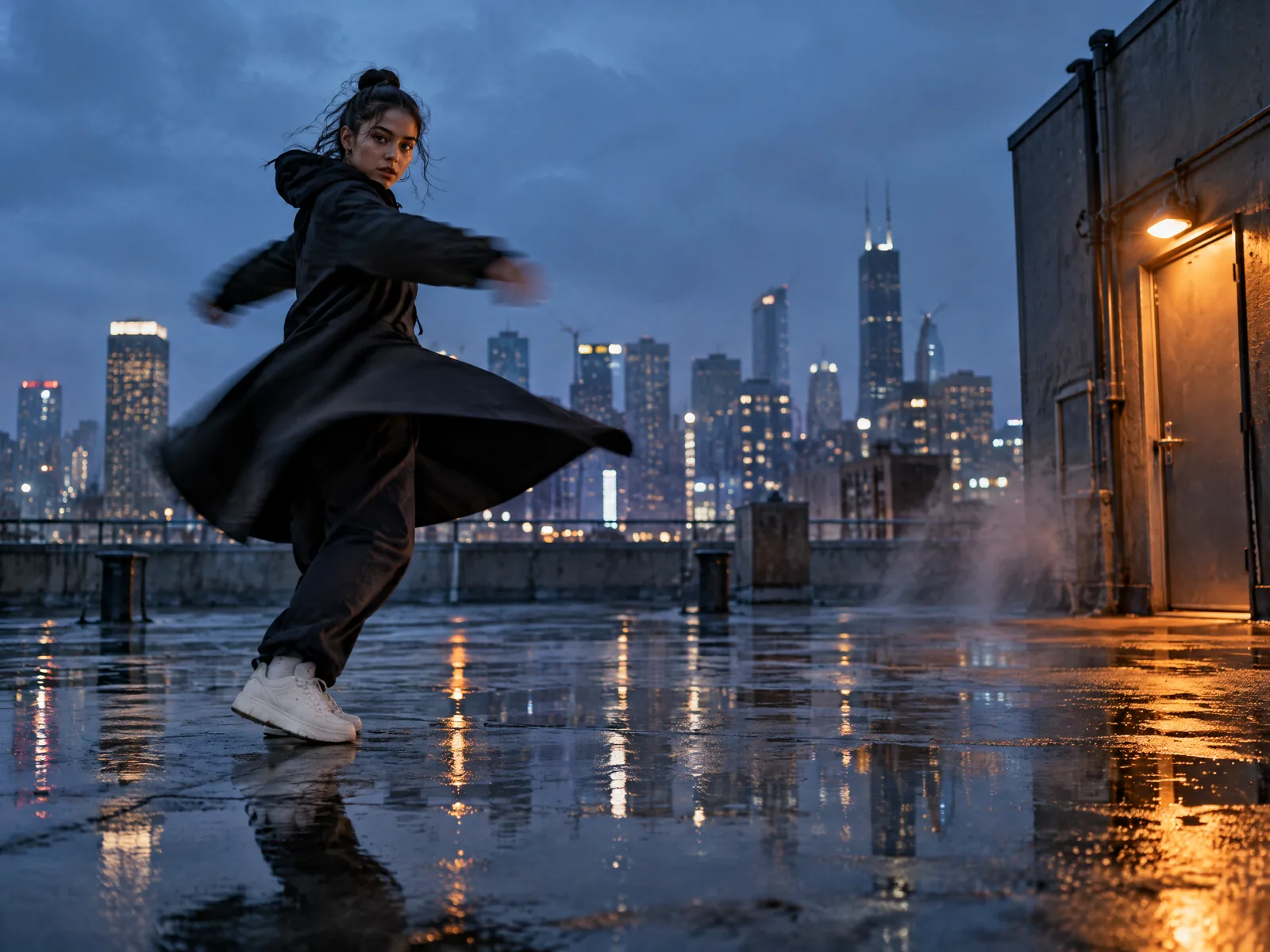 A dancer spinning in a long black coat on a wet rooftop at blue hour