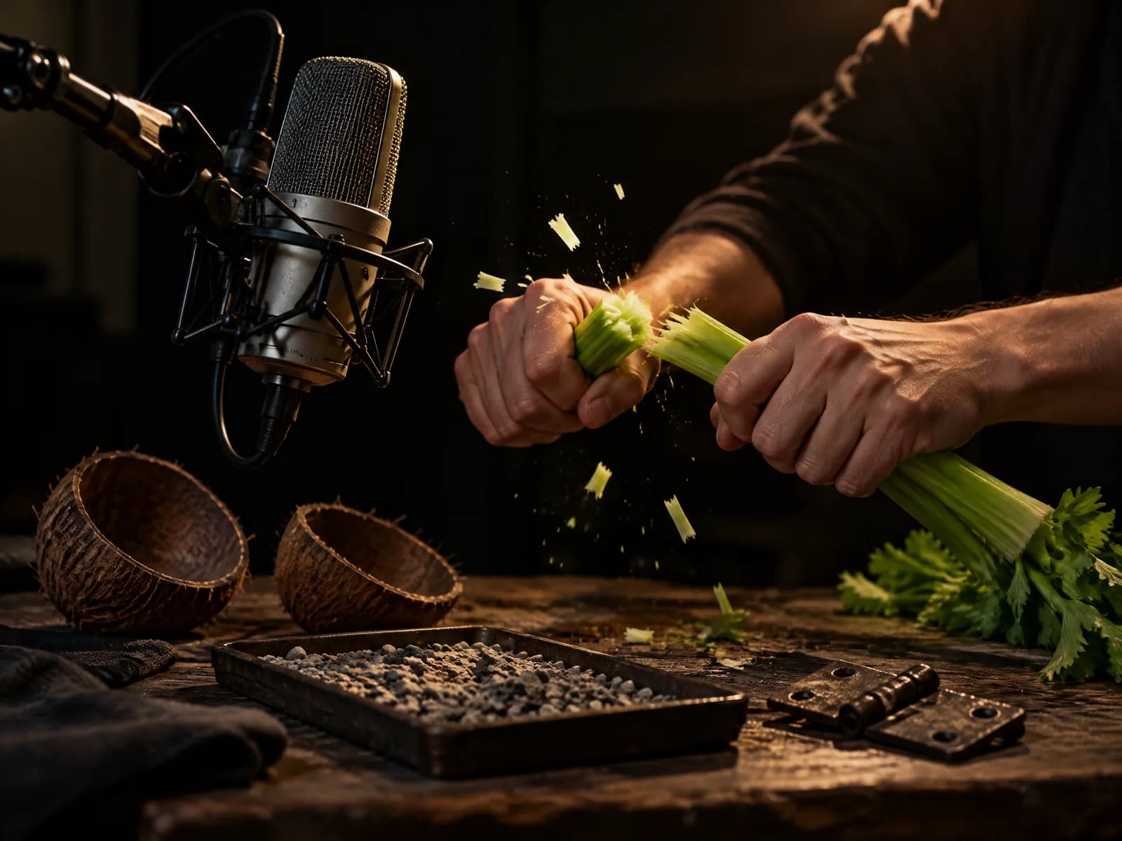 Hands snapping celery in front of a studio microphone