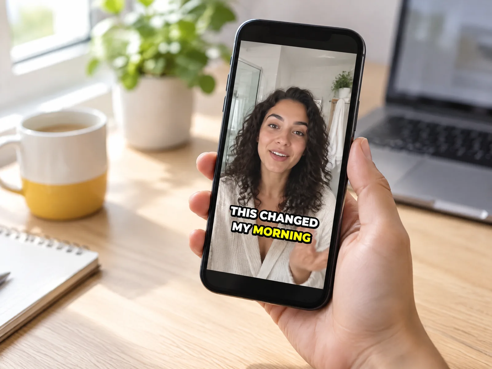 A phone showing a creator video with bold white captions and a yellow highlighted word