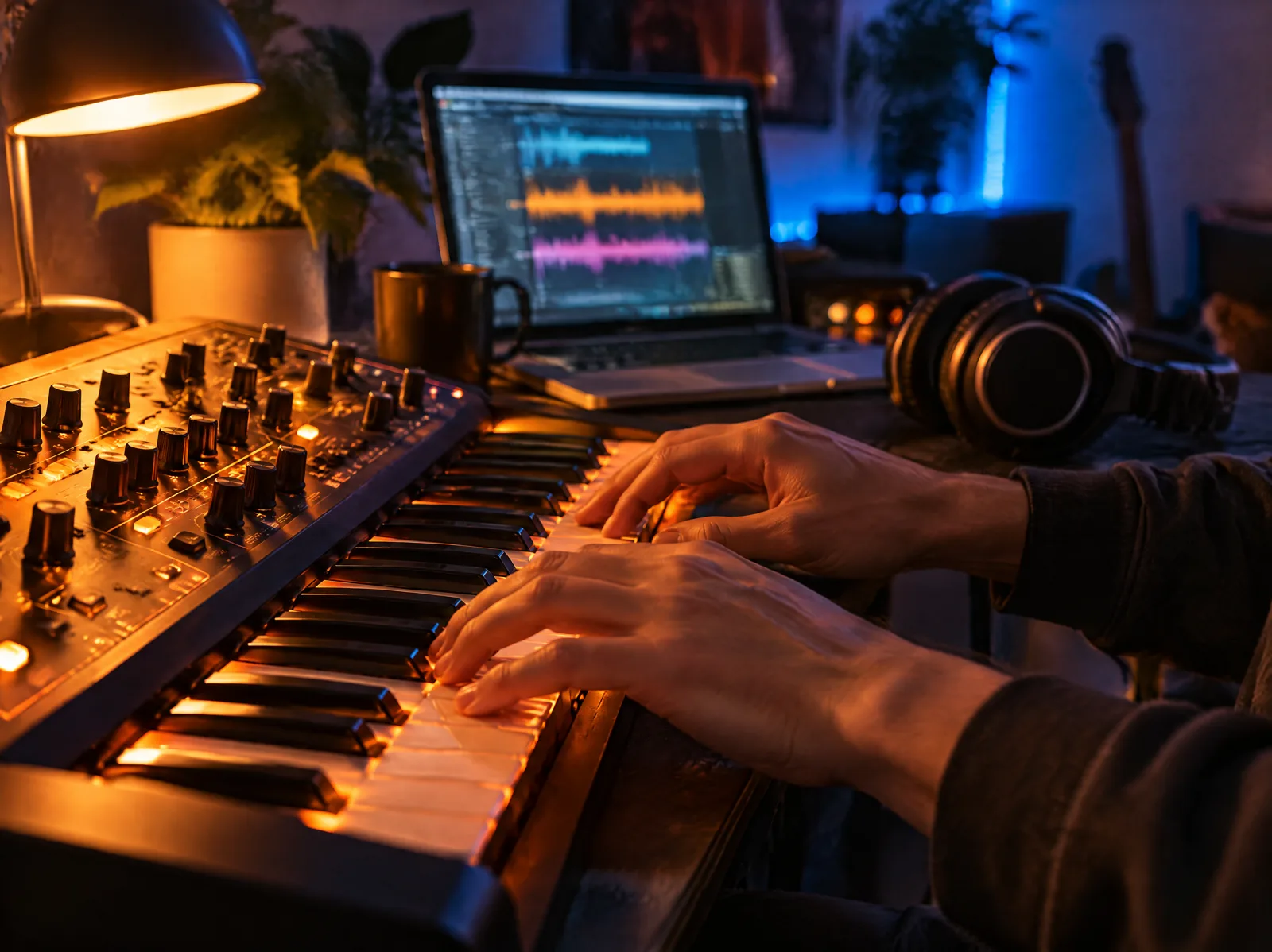 Hands playing a glowing synthesizer in a home music studio