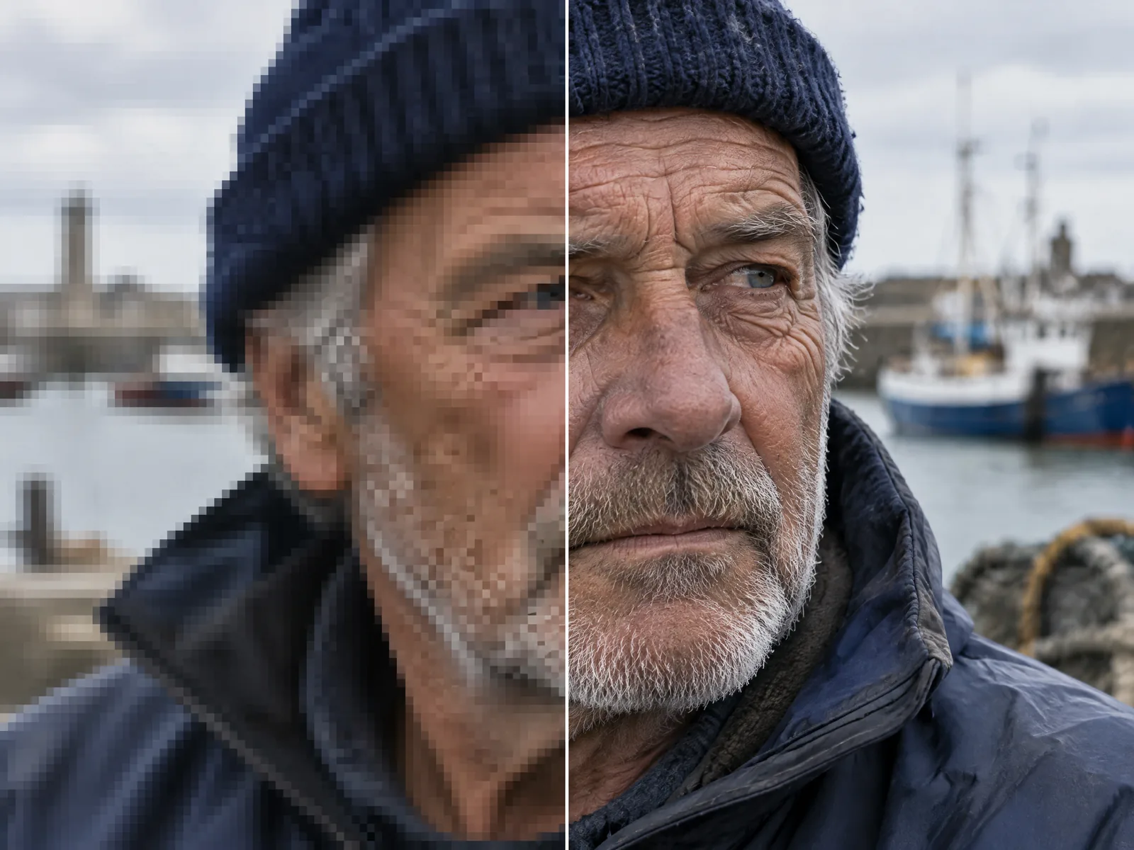 A fisherman's portrait, blurry and pixelated on the left, sharp on the right