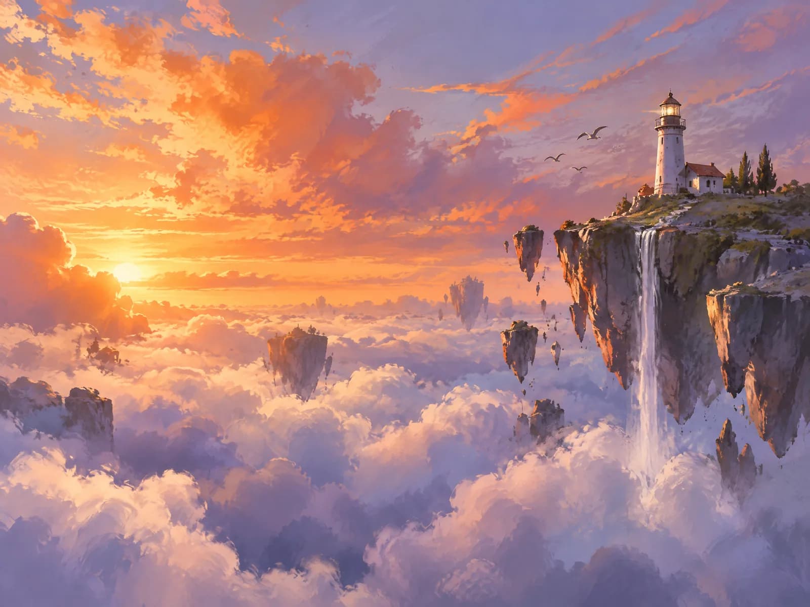 Painterly concept sketch of a lighthouse on floating rocks above the clouds at sunset