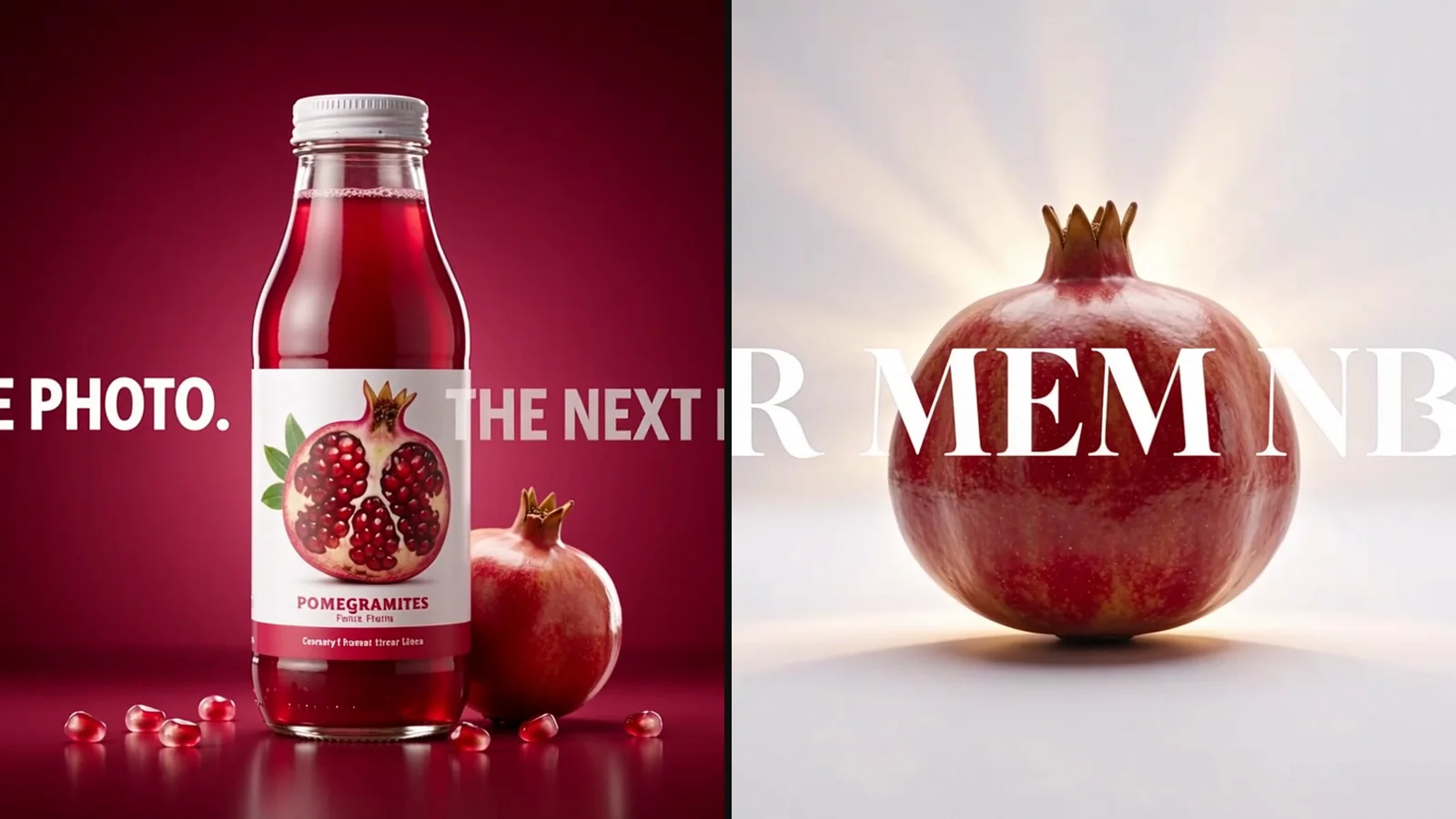 The last frame of each video: a finished pomegranate juice ad with the headline One photo, the next era, and a pomegranate on white with broken lettering across it