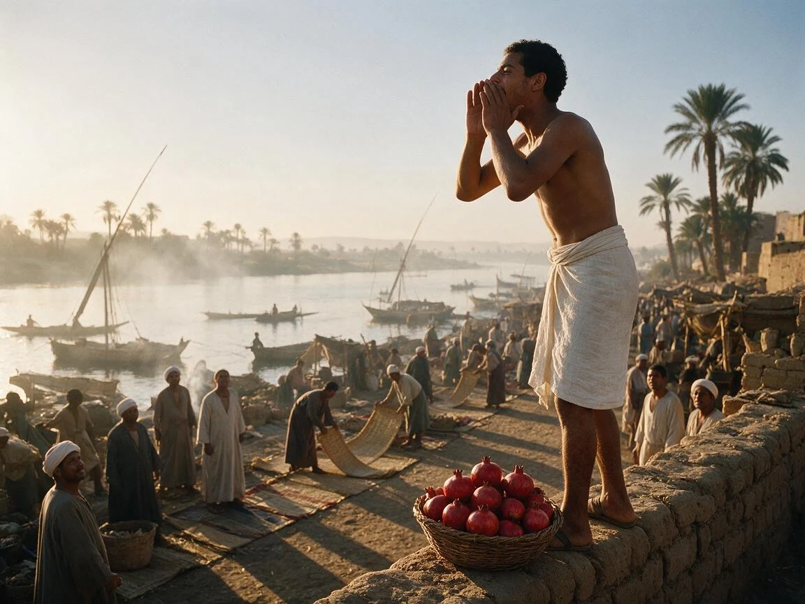 A young seller in a white linen kilt shouts from a mud-brick wall above a riverside market at sunrise, a basket of pomegranates at his feet